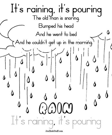 A to Z Kids Stuff Rhyme It's Raining, it's pouring color page It's Raining It's Pouring Nursery Rhyme, Its Raining Its Pouring, Nursery Rhymes Activities, Simple Nursery, Rhyming Books, 2nd Grade Worksheets, Animal Book, Singing In The Rain, Preschool Fun