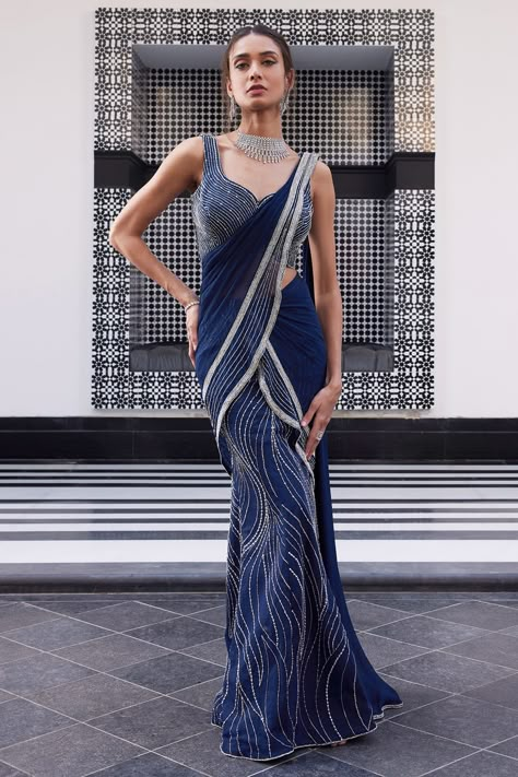 Buy Blue Blouse: Tussar And Saree: Net & Chiffon Eliza Pre-draped With For Women by Charu and Vasundhara Online at Aza Fashions. Saree Net, Satin Outfits, Fish Cut, Leaf Sleeve, Draped Saree, Saree Draping, Modern Saree, Draping Fashion, Saree Gown