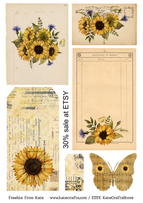 Sunflower Autumn, Free Printable Stationery, Free Vintage Printables, Scrapbook Printing, Botanical Illustration Vintage, Scrapbook Stickers Printable, Autumn Crafts, Bullet Journal Art, Printable Scrapbook Paper