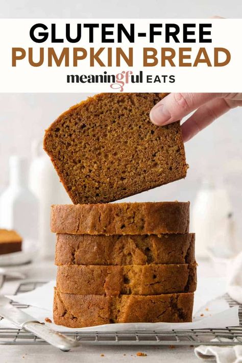 I have tried dozens of gluten-free pumpkin breads over the years, but after making this recipe I'll never make another! It has THE PERFECT texture! Trust me — everyone will love this gluten-free treat. Gluten Free Pumpkin Bread Recipe, Meaningful Eats, Gluten Free Pumpkin Bread, Pumpkin Treats, Gluten Free Thanksgiving, Gluten Free Recipes Bread, Going Gluten Free, Gluten Free Sweet, Pumpkin Bread Recipe