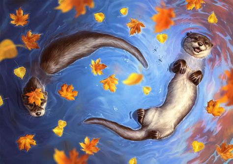 Couple Swimming, Otter Couple, Two Otters, Otter Art, Colour Splash, 수채화 그림, Arte Sketchbook, Dessin Adorable, Arte Animal