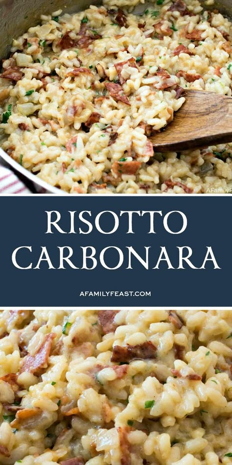 Risotto Carbonara has the same traditional flavors of a classic carbonara dish – but swaps in Arborio rice for the pasta. #comfortfood #italiancuisine #risotto #carbonara Asian Risotto Recipes, Types Of Risotto, Rice Snacks Recipes, Risotto Dinner Ideas, Rice Recipes For Dinner Side Dishes, Carbonara Risotto, Risotto Side Dish, Risotto Carbonara, Kale Risotto