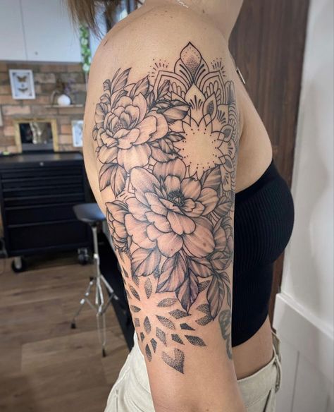 Jade Adams Tattoo Stipple Mandala Tattoo, Mandala Filler Tattoo Ideas, Mandala Upper Arm Tattoo, Mandala And Flower Tattoo Sleeve, A Tattoos, Stippling Tattoo, Floral Mandala Tattoo, Stippling Art, Upper Arm Tattoos