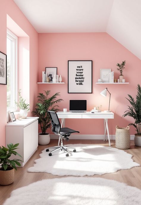 Pink Room Decor Pale Pink Office, Pink Office Walls, Pink Home Office Ideas, Pink Office Ideas, Pink Room Decor Ideas, Pink Hallway, Pink Home Office, Pink Dining Rooms, Pink Accent Walls