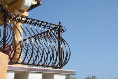 Custom Wrought Iron Balconies and Railings in Beverly Hills | ArtMex Artistic Iron Inc. Iron Railings Outdoor Balconies, Wrought Iron Balcony Railing, Rod Iron Railing, Iron Railings Outdoor, Iron Balcony Railing, Exterior Balcony, Wrought Iron Stair Railing, Front Balcony, Iron Stair Railing