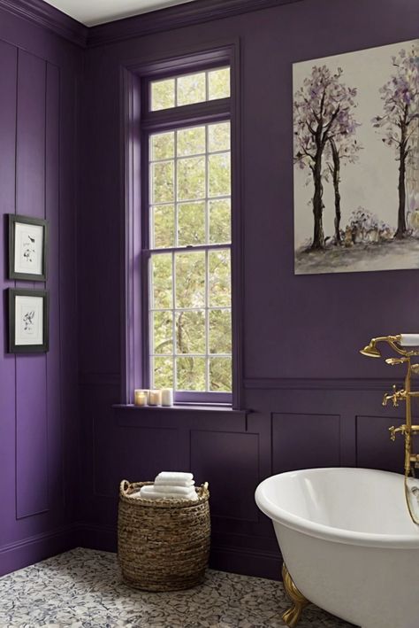 Is Vesper Violet (SW 6542) Wall paint good for Bathroom [2024] Best Guide & Review - West Pear Interiors Violet Bathroom Ideas, Violet Bathroom, Bathroom Wall Paint, Contemporary Glam Living Room, Dark Purple Bathroom, Purple Bathroom Ideas, Purple Wall Paint, Bathroom Purple, Bathroom Vibes