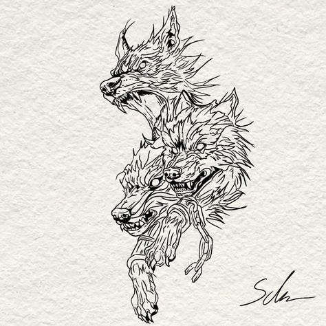 Cerberus Tattoo Drawing Greek Mythology Tattoos Cerberus, Greek Mythology Cerberus, 3 Headed Dog Tattoo Greek, Cerberus Drawing Sketch, Three Headed Tattoo, Underworld Tattoo Greek Mythology, Three Dogs Tattoo, Hell Hound Aesthetic, Hades Drawing Greek Mythology