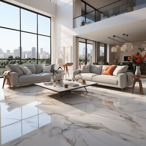 Pure White Walls With White Marble Floor Image Living Room With White Marble Floor, White And Grey Marble Floor Living Room, White Marble Living Room Interior Design, Black And White Marble Floor Living Room, Modern Tile Flooring Ideas, Marble In Interior Design, Hall Tiles Design Indian, White Tiles Living Room Floor Interiors, Interior Design Marble Floor