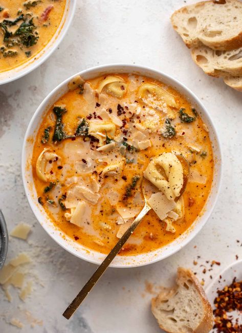 Fall Soup Dinner Recipes, Summer Tortellini Soup, Fall Soup With Chicken, Carlsbad Cravings Soup, Cozy Rainy Day Recipes, Early Fall Soup Recipes, Fire Roasted Chicken Tortellini Soup, Roasted Red Pepper Tortellini Soup, Fire Roasted Chicken