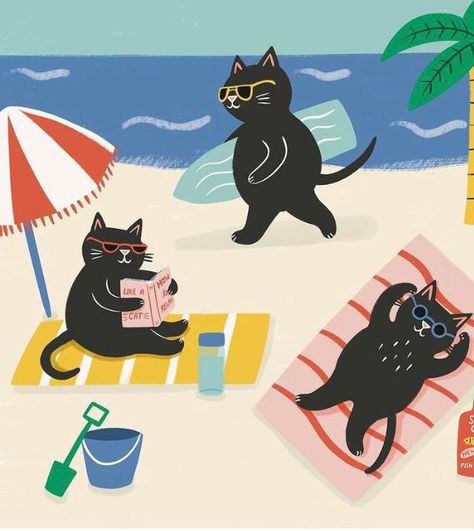 Beach Cat, Draw Cats, Happy Painting, Abstract Metal Wall Art, Animal Canvas Art, Paint Inspo, Panoramic Wall Art, Cats Black, Retro Photography