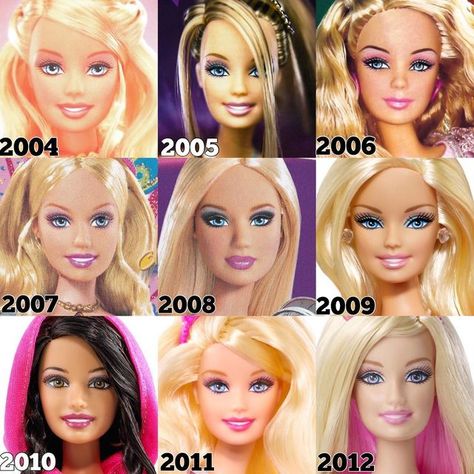 The Doll Archive 💕 on Instagram: "The Evolution of Barbie Through the Years : From 2004 to 2012 💕 _____ #Barbie #BarbaraMillicentRoberts #BarbieDoll #ThePrincessAndThePauper #FashionShowBarbie #TheBarbieDiaries #BarbieAsTheIslandPrincess #Fashionistas #PrincessCharmSchool #BarbieThePrincessAndThePopstar #Doll #Mattel #MattelDoll #TDArchiveBarbieEvolution" Barbie Over The Years, Mattel Barbie Dolls, Barbie Through The Years, 2000s Barbie Dolls, Barbie Evolution, Barbie Face, Princess Charm School, Barbie Mattel, Face Mold