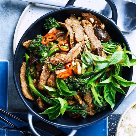 Miso Beef, Basil Stir Fry, Ginger Miso, Thai Beef, Kecap Manis, Beef Stir Fry, Stir Fry Recipes, Food Categories, Chinese Food