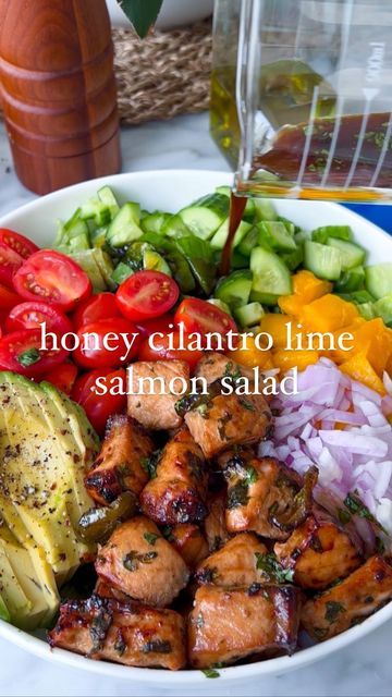 Jamie Milne on Instagram: "follow @everything_delish for more easy recipes 💘 this honey cilantro lime salmon salad is truly one of my go to’s and I crave it all the time! as you can tell by my voiceover, I’m struggling post Miami 😂 also the marinade is so good for the salmon - I use it for dressing! find the recipe below, enjoy xx Cilantro Honey Salmon Salad Serves 2 Ingredients 2 pieces salmon, skin removed and cubed ½ mango, chopped ½ red onion, diced 2 baby cucumbers, diced 1 bunch Chopped Salmon Salad, Salmon Sliders Recipes Chipotle Mayo, Salmon Taco Salad, Jerk Salmon Salad, Mango Salmon Salad, Grilled Salmon Salad Recipes, Salmon Salad Ideas, Salad Recipes With Salmon, Salmon And Salad Recipes