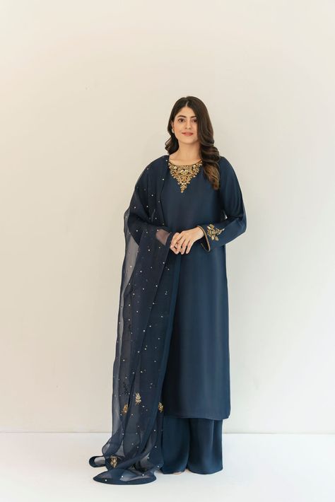 Silk Pakistani Suits, Navy Blue Pakistani Dress, Navy Blue Salwar Suit, Blue Pakistani Dress, Satin Kurta, Salwar Design, Blue Colour Dress, Dark Blue Suit, Navy Blue Design