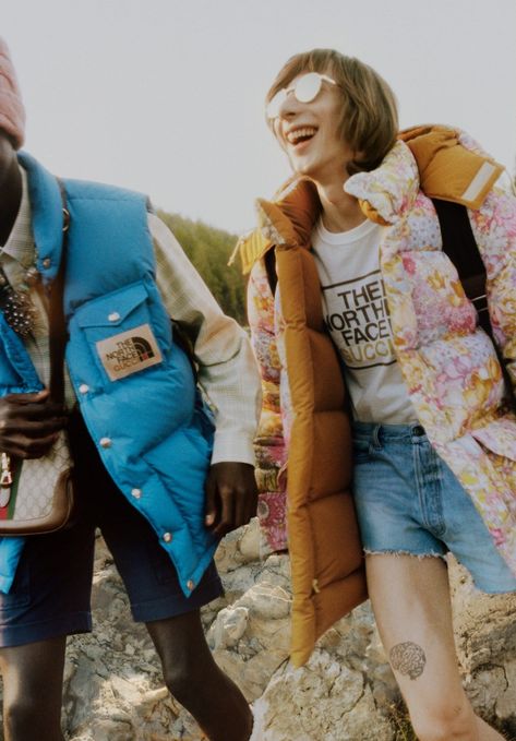 North Face X Gucci Spring 2021 Campaign | Fashion News | Kendam North Face X Gucci, Gucci Menswear, Gucci Collection, Gucci Spring, Colorful Jumpsuit, Gucci Models, 70s Inspired, Face Design, Shirt Pattern