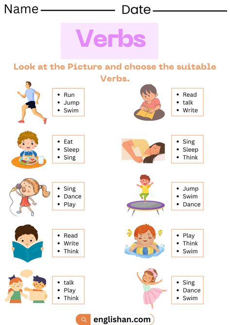 Verbs Worksheets in English - Choose the Suitable Action Verb Verb Exercises Worksheets, Identify Verbs Worksheet, Verbs Kindergarten Activities, Verbs Worksheet For Kindergarten, Verb 1 Verb 2 Verb 3, Action Verbs Worksheet For Grade 1, Verbs Activities For Kids, Basic Verbs In English, Verbs Worksheet For Grade 1