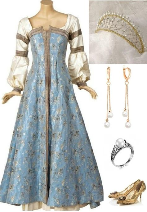 Medieval Silk Dress, Russian Dresses Gowns, Medieval Princess Dress Blue, Medival Dresses Aesthetic Princess, Fairy Godmother Inspired Outfits, German Princess Dresses, Medieval Nightgown Aesthetic, Medieval Celtic Clothing, Mideival Dress