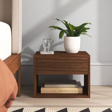 Foundstone™ Manufactured Wood Nightstand | Wayfair Japandi Bedroom Ideas, Simple Bedside Tables, Bedside Table Lamp, Cute Decor, Phone Chargers, Wood Bedside Table, Natural Walnut, Wood Nightstand, Bedside Table Lamps