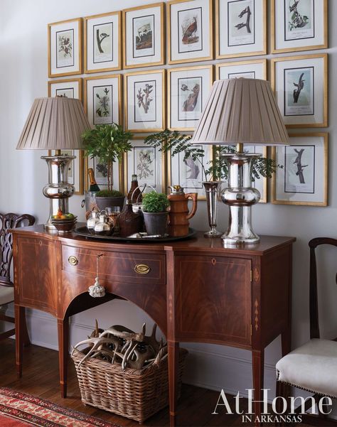 Staying in Character - At Home in Arkansas Mercury Glass Lamp, Antique Buffet, Southern Design, Antique Sideboard, Old Chair, Atlanta Homes, White Floors, Painted Ceiling, Striped Wallpaper