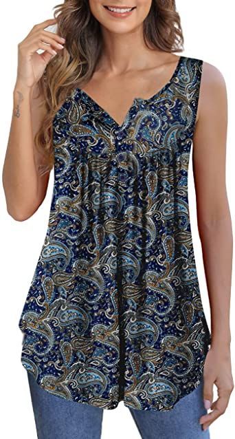 Othyroce Womens Plus Size Tunic Tops Sleeveless Summer Printed Flowy Blouses with Buttons Shirts Pleated Tops, Casual Tunics, Flowy Blouse, Plus Size Tank Tops, Casual Tops For Women, Loose Tops, Sleeveless Tshirt, Saint Patrick, Tank Top