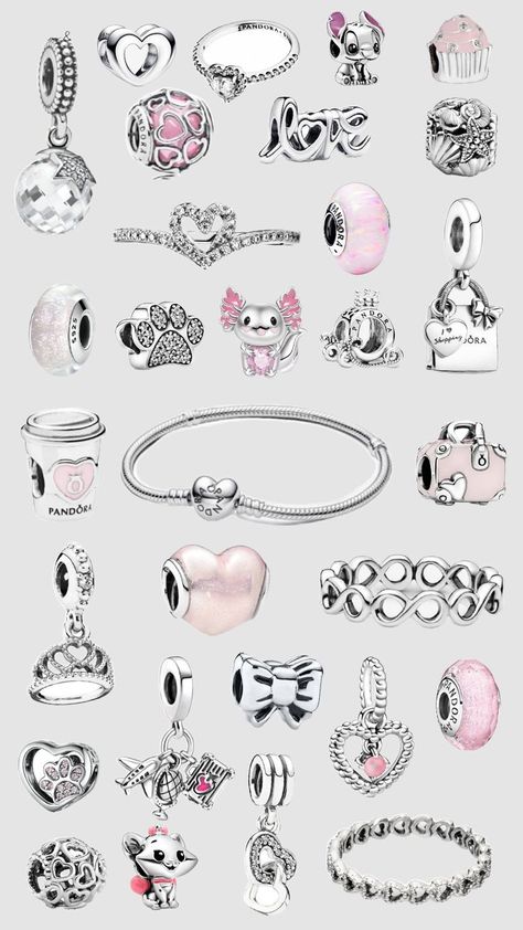 Pandora Aesthetic, Pandora Charms Pink, Pink Charms, Pandora Bracelet Charms Ideas, Girly Bracelets, Pandora Bracelet Designs, Pandora Collection, Pandora Jewelry Charms, Airport Fits