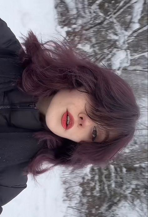 Dark Dusty Purple Hair, Plum Hair Short, Dark Purple And Red Hair, Light Plum Hair, Plum Short Hair, Light Purple Hair Aesthetic, Dark Purple Hair Short, Purple Layered Hair, Dark Purple And Black Hair