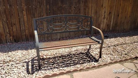 Metal Bench Makeover Metal Outdoor Bench, Bench Makeover, Outside Benches, Wrought Iron Bench, Upcycle Design, Painted Benches, Metal Garden Benches, Rusty Garden, Metal Swings