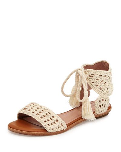 X317F Joie Jolee Crochet Flat Sandal, Natural Rajutan Sandal, Crochet Flats, Celebrity Shoes, Stacked Heel Sandal, Crochet Shoes Pattern, Ankle Strap Sandals Flat, Crochet Sandals, Ankle Tie Sandals, Fashion Shoes Flats