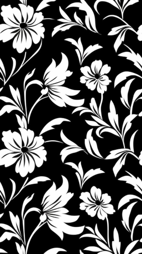 Minimalistic Floral Pattern With Black Background Floral Black And White, Black White Pattern Design, Black And White Floral, Black And White Floral Pattern, White Flower Black Background, Big Floral Pattern, Monotone Floral Pattern, Floral Design Pattern Black And White, Floral Design Drawing