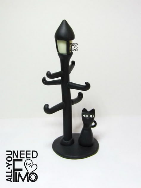 I Made This Ring Holder Out Of Polymer Clay! Lamppost And Cat’s Eyes Glow In The Dark ☺ | Bored Panda Ring Holder Clay Ideas, Accessories Holder Diy, Ring Holders Clay, Polymer Clay Makeup Holder, Polymer Clay Phone Holder, Polymer Clay Ring Holder, Cute Ring Holders Clay, Clay Ring Holder Diy, Necklace Holder Clay