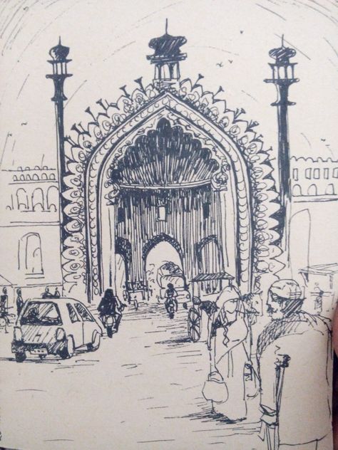 Rumi Darwaza, India India Sketch Indian Art, Lucknow Drawing, Lucknow Painting, Taj Mahal Sketch, India Drawing, Indian Drawing, Composition Drawing, Illustration Packaging, Pen Art Work