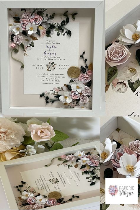 Photo shows various angles of a white wedding shadow box displaying a wedding invitation that has been embellished with pink and white flowers as well as greenery. Bouquet Shadow Box, Wedding Invitation Keepsake, Shadow Box Memory, Wedding Shadow Box, Invitation Frames, Wedding Gift For Couple, Flower Shadow Box, Blush Wedding Invitations, Paper Anniversary