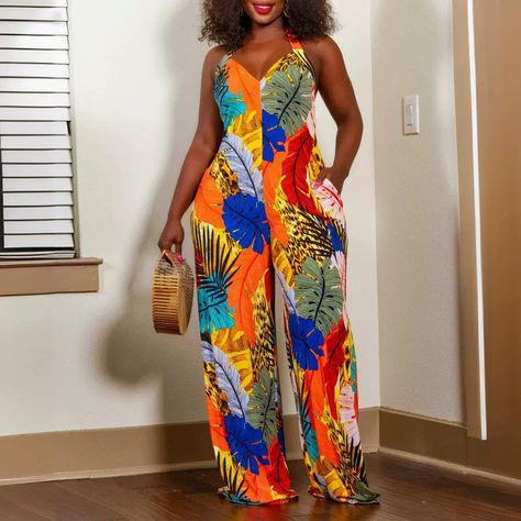 Women's Leaf Printed V-neck Jumpsuit 👉🏽👉🏽 https://nuel.ink/uVmHq2 Jumpsuit For Women, African Design Dresses, Fashion Sale, Dress Suits, Wide Leg Jumpsuit, Leaf Print, Summer Essentials, Leaf Prints, Waist Size