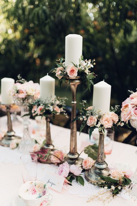 Candle Sticks & Flowers | Wedding Inspiration | Styling Swish Vintage | Images by Miss Gen Candles And Flowers, Vintage Wedding Centerpieces, Candlestick Centerpiece, Orchard Wedding, Wedding Floral Centerpieces, Wedding Table Decorations, Wedding Centerpiece, Wedding Table Centerpieces, Wedding Candles