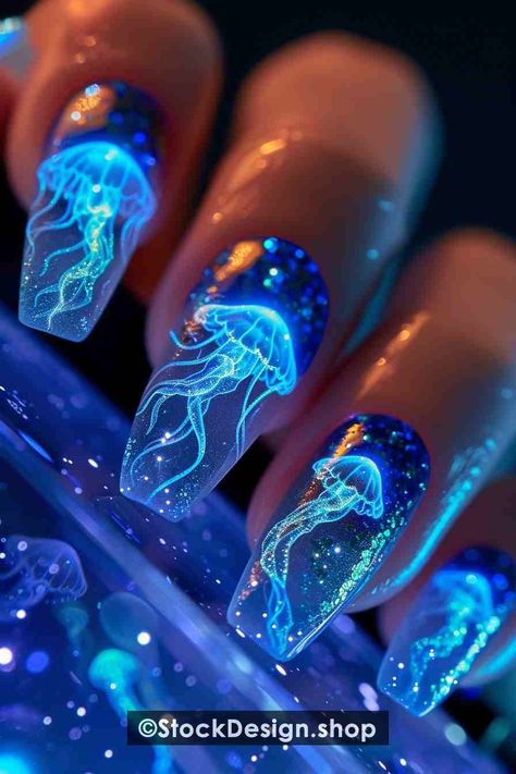 Galaxy Nail Ideas, Pirates Of The Caribbean Nail Art, Manta Ray Nails, Nail Designs Animals, Blue Designs Nails, Nail Art Character Design, Deep Sea Nails, Glow In The Dark Nail Ideas, Stingray Nails