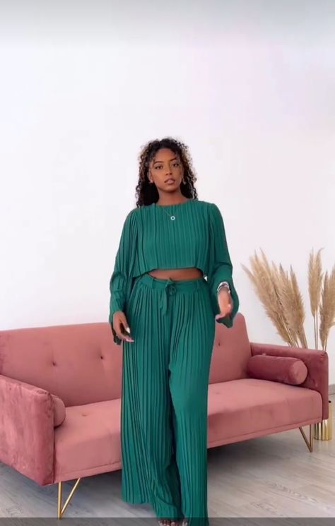 Palazzo Pants Style, Sunray Two Piece Styles, Wide Leg Pants And Crop Top Outfit, Pallazo And Crop Top, 2 Pices Dress, Sunray Fabric Styles, Pant And Top Outfit, 2piece Outfits Pants, Green 2 Piece Outfit