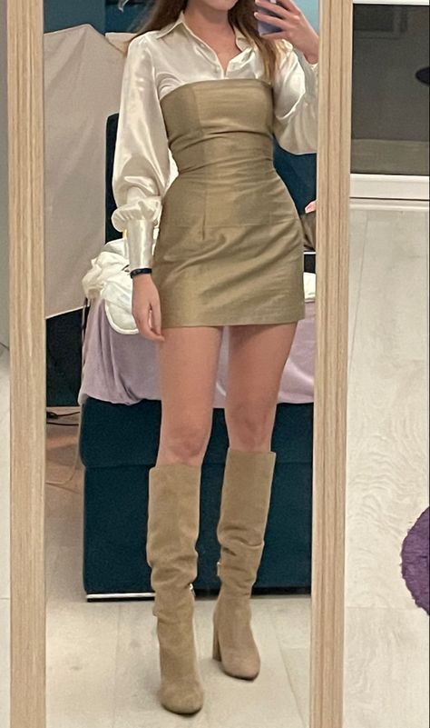 Hourglass, Strapless dress outfit, Dress outfit, Small waist Satin Shirt Outfit, J Design, Fall Fits, Satin Shirt, Womens Fashion Trends, Shirt Outfit, Knee High Boots, Over Knee Boot, Strapless Dress