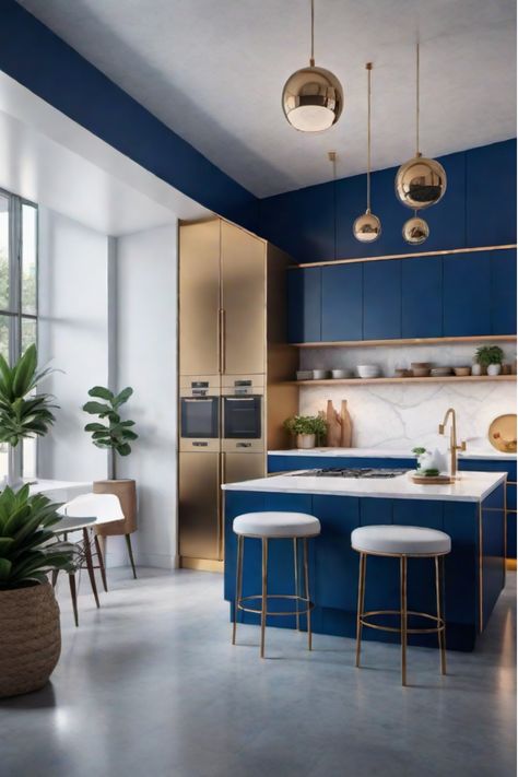 Dramatic small kitchen with blue cabinets and gold details Royal Color Combinations, Royal Blue Kitchen, Kitchen Colour Combination, Kitchen Colour, Tiny Cooking, Simple Living Room Decor, Kitchen Decor Inspiration, Bold Color Schemes, Small Kitchen Decor