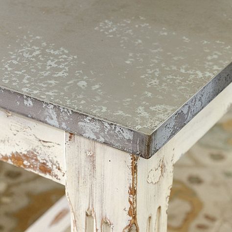 Our Messina Table was inspired by a well-loved Italian antique. The expansive, food-safe top is covered in zinc sheeting that's been acid-washed. Zinc Top Dining Table, Concrete Top Table, Zinc Table Top, Zinc Countertops, Cement Counter, Zinc Sheet, Stainless Steel Table Top, Zinc Table, Cabinet Trends