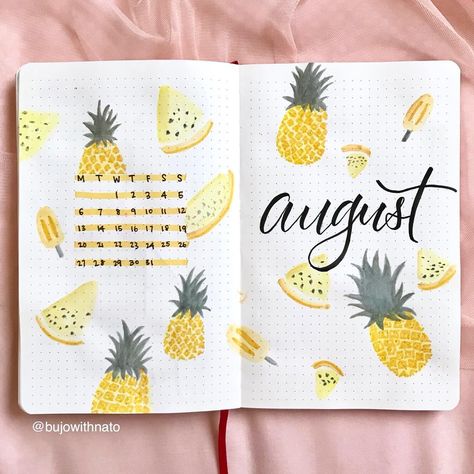 This is late but here’s my August cover page! Going with a tropical fruit theme this month. . . QOT Summer Bullet Journal, Bullet Journal Month, Bullet Journal Page, Bullet Journal 2019, Bullet Journal Cover Page, Bullet Journal Mood, Bullet Journal Aesthetic, Bullet Journal Notebook, Diary Ideas