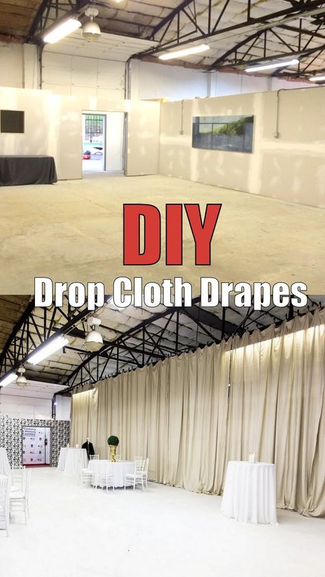 Drop Cloth Wedding Decor, Drop Cloth Wall Covering, Drop Cloth Room Divider, How To Drape A Room For A Party, Transform Garage For Party, Drop Cloth Backdrop, Draped Doorway, How To Cover Garage Walls For A Party, Diy Pipe And Drape