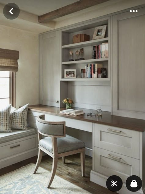 Home Office Snug Ideas, Built In Desk With Window Seat, Built In Desk Alcove, Old Money Home Office, Built In Desk In Bedroom, Narrow Home Office, Built In Corner Desk, Magnolia Office, Narrow Office