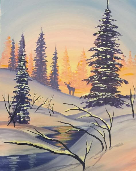 Simple Winter Painting, Winter Paintings On Canvas Acrylics, Winter Painting Ideas, Winter Scene Paintings, Pinots Palette, Forest Drawing, The More The Merrier, Watercolour Inspiration, Winter Morning