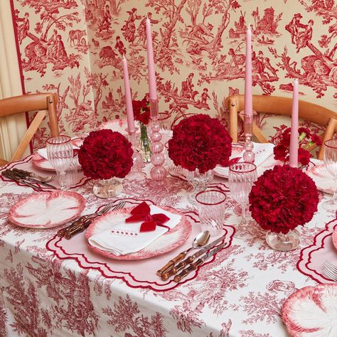 Event Table Set Up Ideas, Toile Tablecloth, Pink Placemats, Mrs Alice, Starter Plates, Bamboo Cutlery, Pagoda Lanterns, Ceramic Collection, Pink Napkins