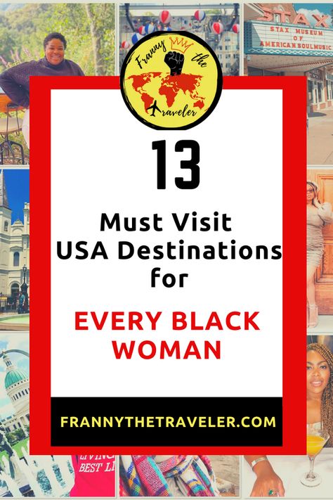 Are you a Black woman? Do you love to travel or seek to travel? Then this is THE POST for you! This blog post features 13 best USA places to travel while black and female. Travelling as a black woman is a unique experience so learn best places every black should visit in the USA. All things Traveling while Black | Black female travelers | Black female travel | Black female traveling | solo Black female travel | Black women traveling | Black women travel | usa travel destinations | usa travel Traveling Black Women, Black Women Traveling, Usa Places, Great Places To Travel, Women Traveling, Usa Destinations, Visit Usa, Usa Travel Destinations, Black Travel