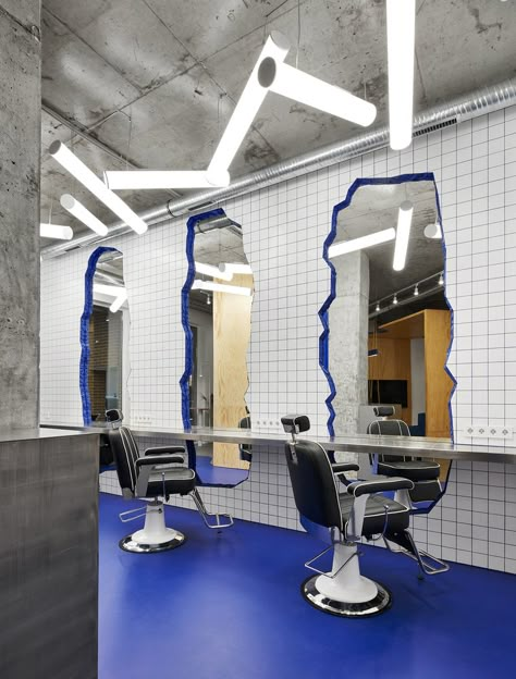 Barbershop Design Interior, Salon Mirror, Hair Salon Interior Design, Barber Shop Interior, Blue Interior Design, Hair Salon Design, Barbershop Design, Joinery Design, Barber Shop Decor