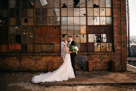 Wedding In Old Building, Industrial Wedding Photography, Industrial Wedding Photos, Industrial Themed Wedding, Grunge Wedding, Factory Wedding, Emotional Wedding Photography, Industrial Chic Wedding, February Wedding