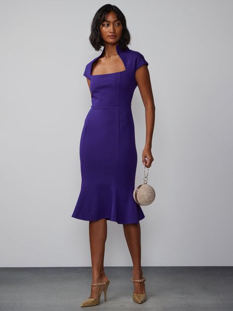 This dress features short sleeves, a Queen Anne neckline and a sheath silhouette; flattering for any figure. The addition of a flared hem adds a touch of sophistication, making it ideal for both work and cocktail events. Made from Scuba, this material is easy to care for, wrinkle-free, and has a high stretch content. Queen Anne Neckline Dress, Queen Anne Neckline, Neck Lines, Fashion Illustrations Techniques, Cocktail Event, Office Dresses, Necklines For Dresses, Hem Style, Fashion Illustrations