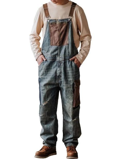 PRICES MAY VARY. Material: Men's denim bib overalls made of durable material, midweight, ripstop, soft denim provides you maximum comfort Stylish: Ripped distressed style jumpsuit with adjustable suspenders, low back, loose fit style, contrast color, makes these denim coveralls feel fresh and attractive Multi Pockets: Fashion work overall button fly with zipper closure, 2 side pockets and 1 back pockets, 1 oversized cargo pockets, 1 big bib pockets with zipper for convenient storage All Matching Overalls With Sweater, Overalls Outfit Men, Overalls Men Fashion, Overalls Boy, Denim Suspenders, Sewing Men, Denim Coverall, Overalls Vintage, Men's Uniforms