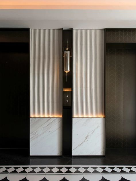 Hotel Elevator Design, Commercial Corridor Design, Elevator Lobby Design Offices, Modern Minimal Tv Wall, Lift Lobby Design Commercial, Lift Lobby Design Residential, Lift Interior Design, Hotel Corridor Design, Lift Lobby Design